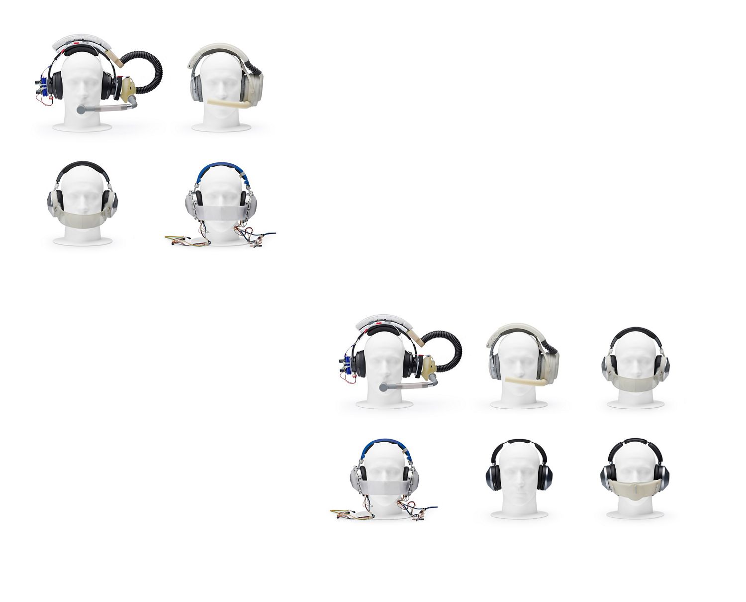 Four Mannequin heads wearing various prototype headphones